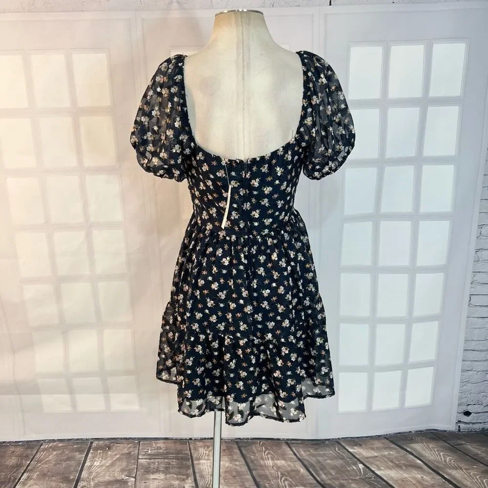 Trixxi Francesca's Willa Floral Puff Sleeve Mini Dress Navy Blue Large NWT - Picture 6 of 11